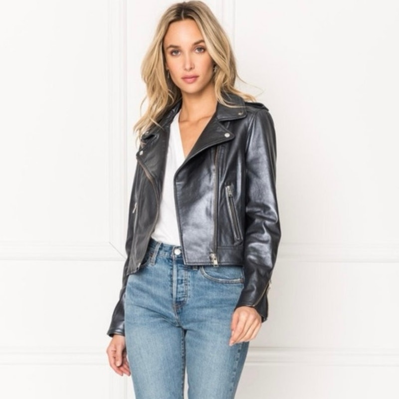 Lamarque Donna Metallic Leather Signature Biker Jacket Size M
